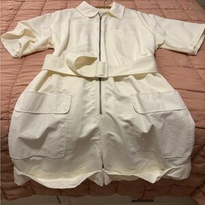 Acne Studios white loose fit belted zip front cuffed leg romper